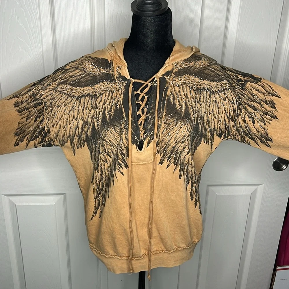 Tan Lace-Up Hoodie with Wing Design - Picture 2 of 5